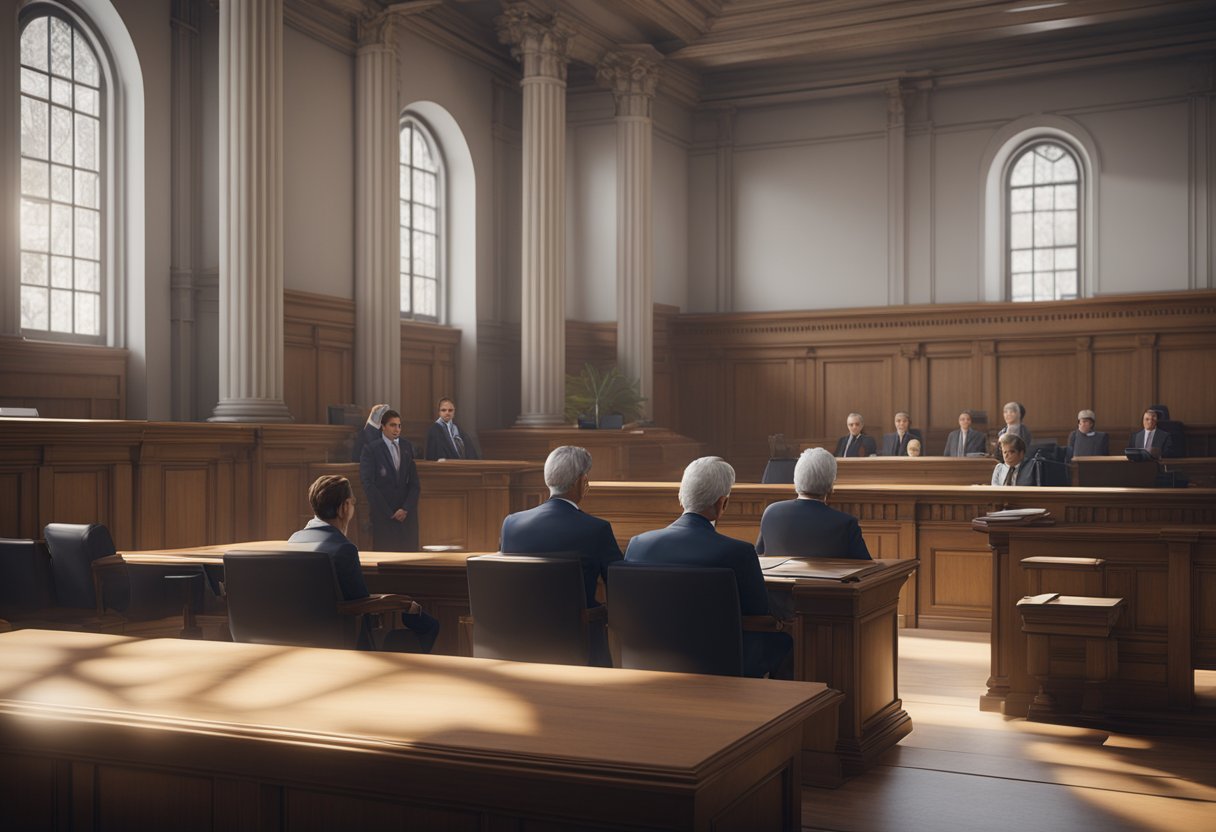 A courtroom with a judge, lawyers, and a defendant under 18. The focus is on the legal proceedings and discussion of Article 27 of the Penal Code